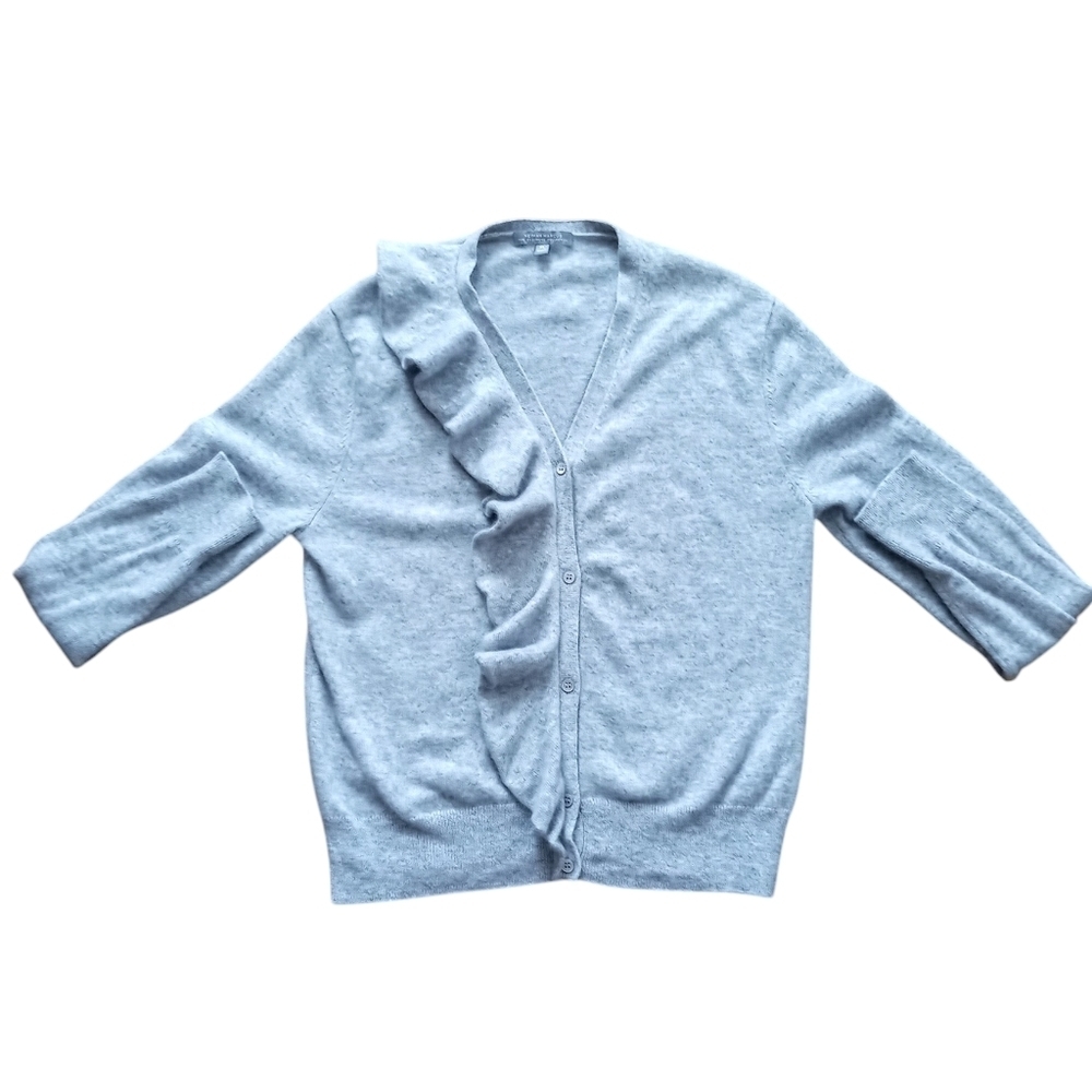 Neiman Marcus 100% cashmere ruffle Cardigan Sweater light gray XL